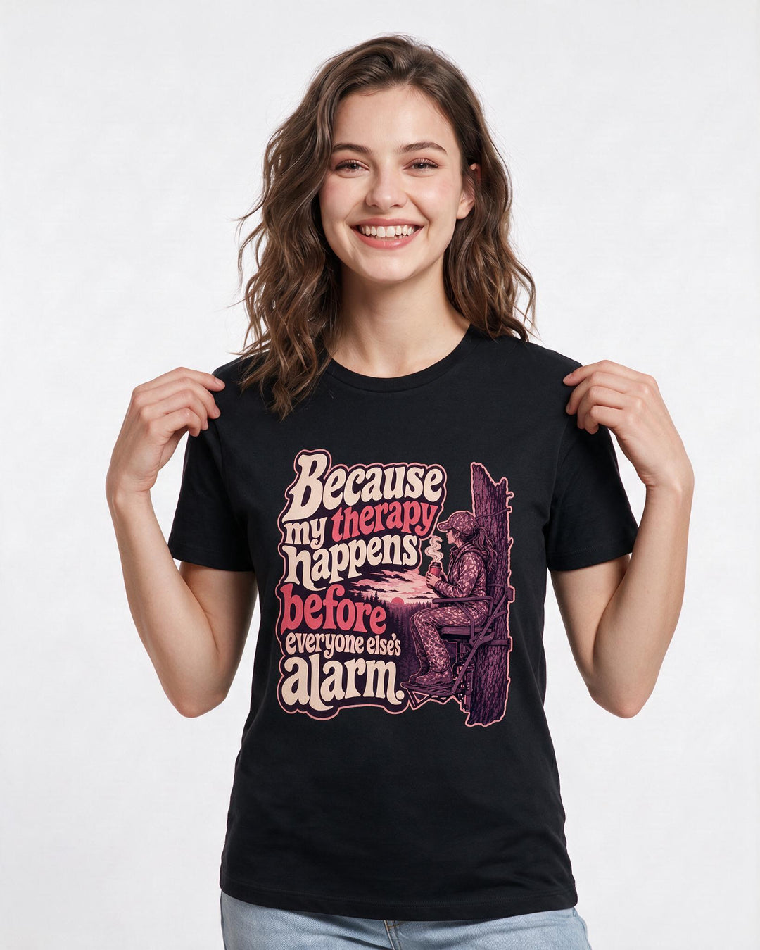 Hunting Women's Black T-Shirt – Because my therapy happens before everyone else's alarm. product image 3