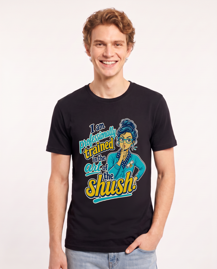 Funny Teacher Men's Black T-Shirt – I am professionally trained in the art of the shush. product image 1