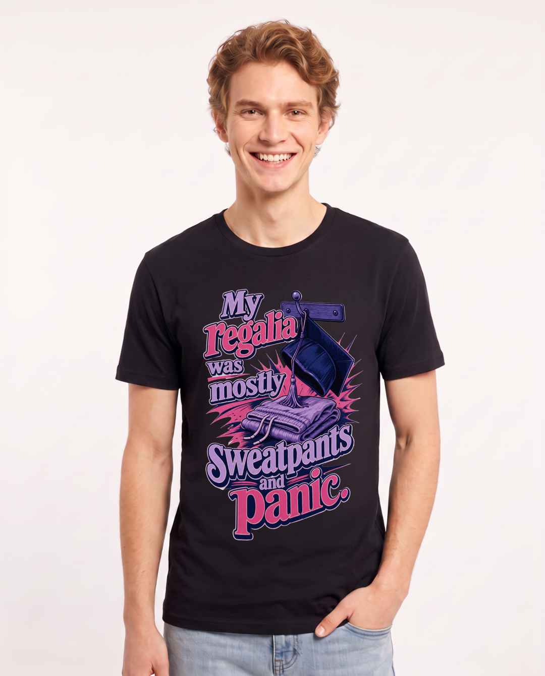 Graduation Men's Black T-Shirt – My regalia was mostly sweatpants and panic. product image 1