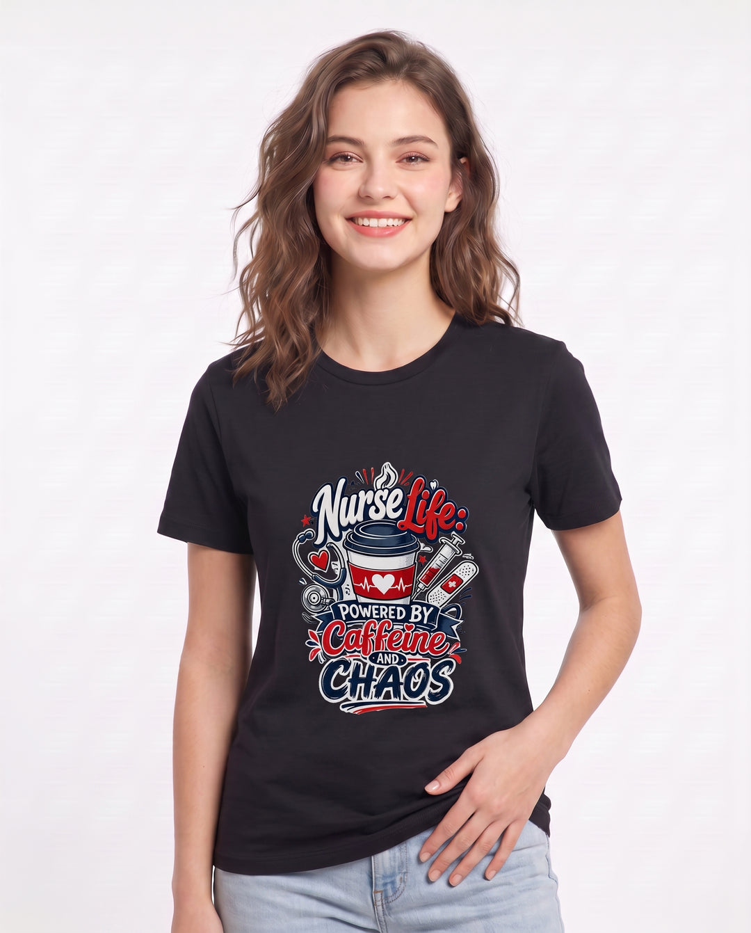 Nurse Life: Powered by Caffeine and Chaos Women's Black T-Shirt product image 1