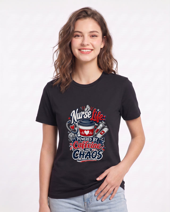 Nurse Life: Powered by Caffeine and Chaos Women's Black T-Shirt product image 1