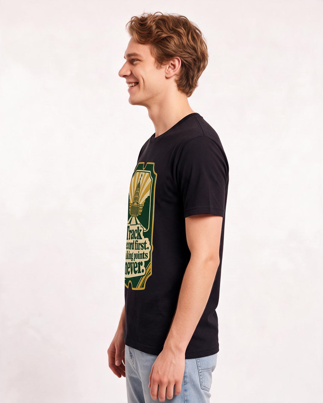 Graphic Men's Black T-Shirt - Track record first. Talking points product image 2