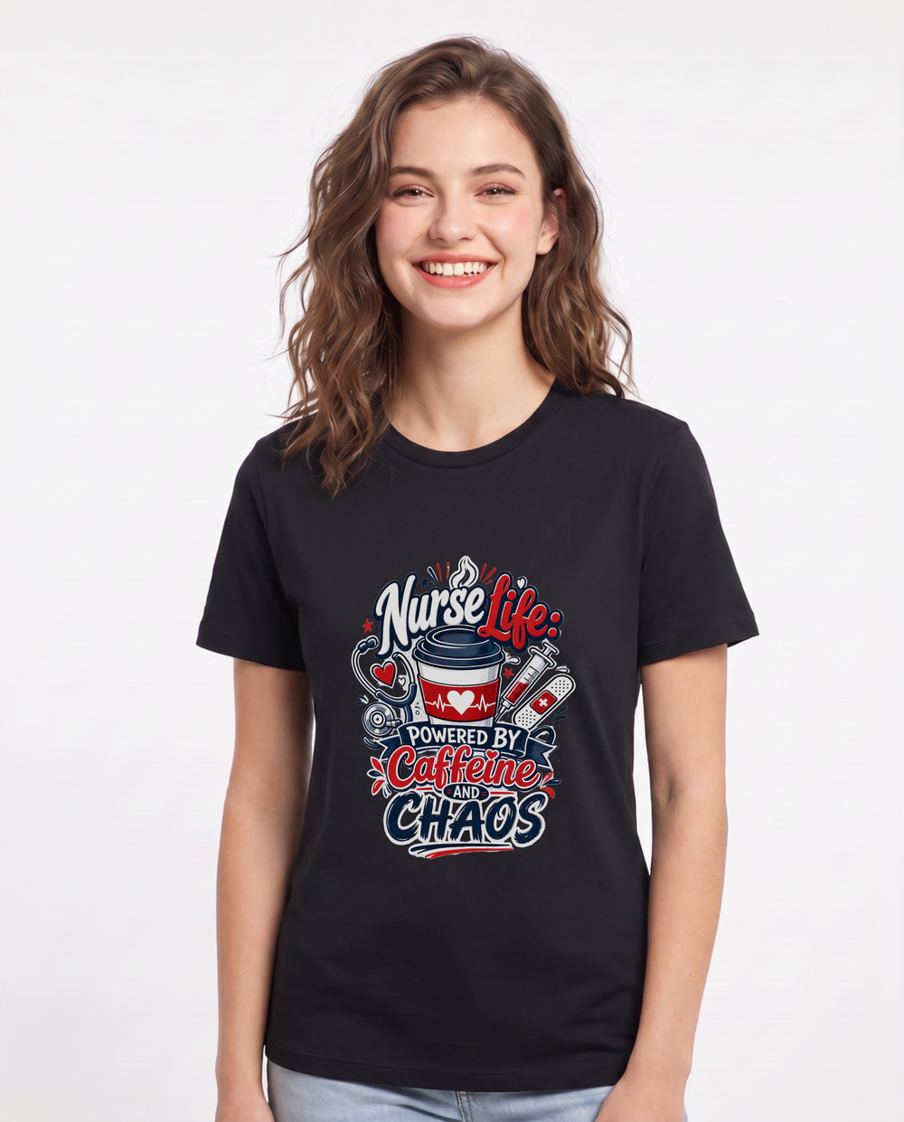 Nurse Life: Powered by Caffeine and Chaos Women's Black T-Shirt product image 2
