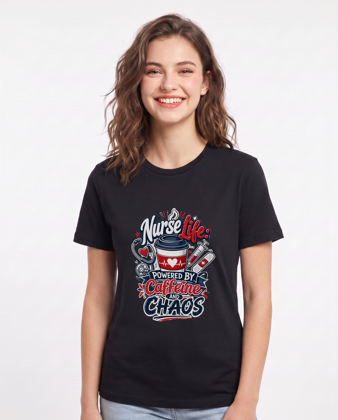 Nurse Life: Powered by Caffeine and Chaos Women's Black T-Shirt product image 2