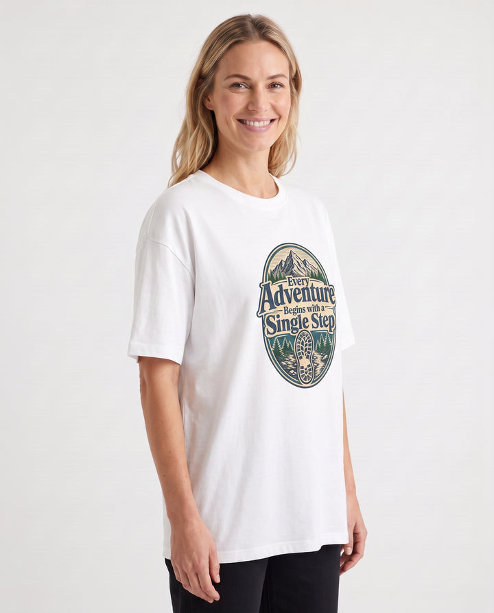 Every Adventure Begins With A Single Step White T-Shirt mockup 2