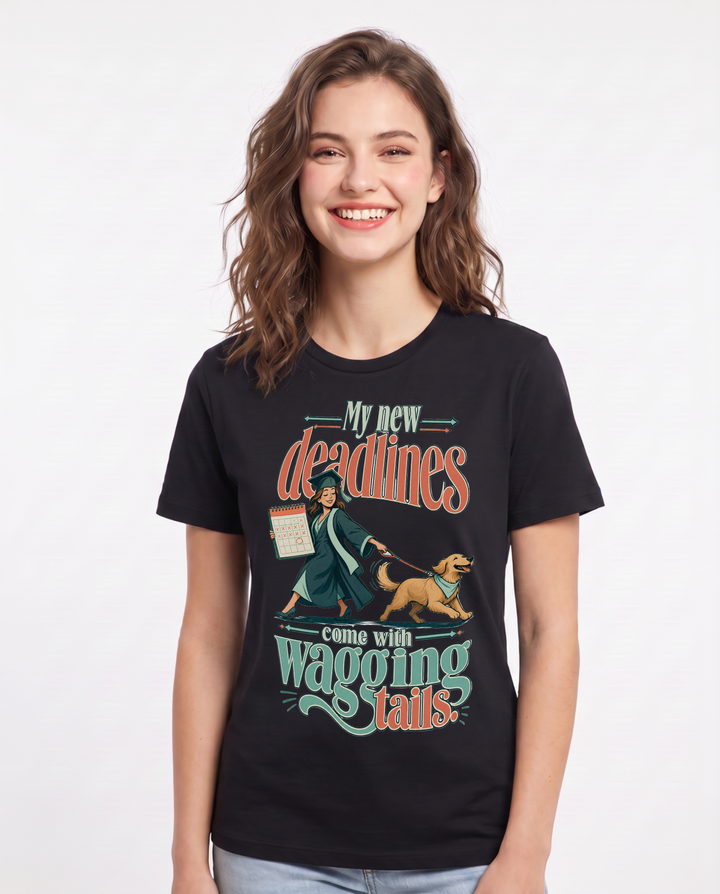 Graduation Women's Black T-Shirt – My new deadlines come with wagging product image 1