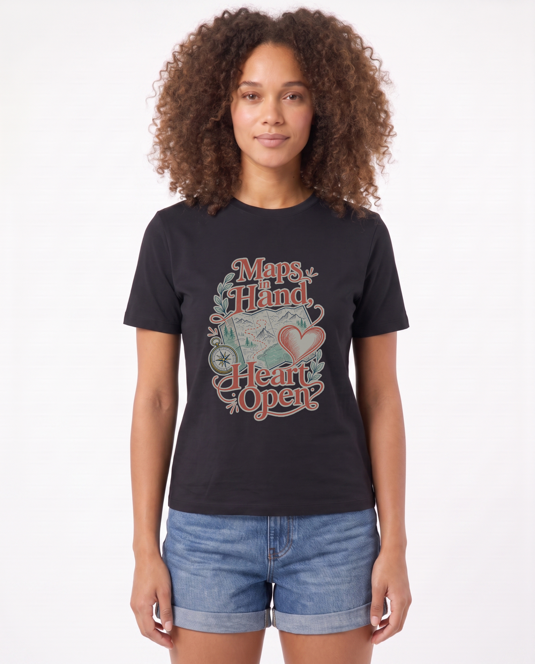 Maps In Hand, Heart Open Black T-Shirt mockup 1