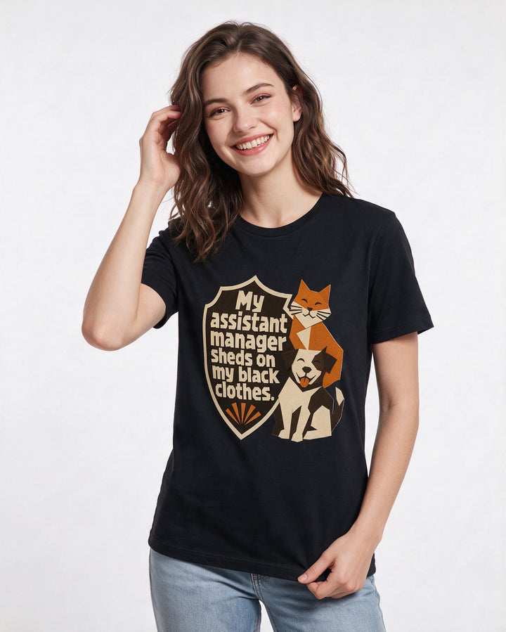 Graphic Women's Black T-Shirt - My assistant manager sheds on my black product image 3