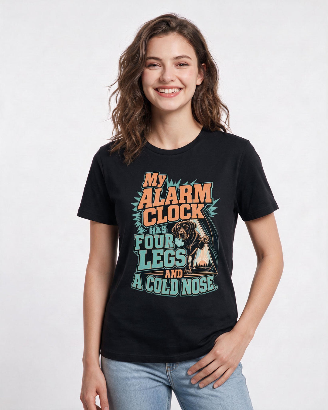 Funny Hunting Women's Black T-Shirt – My alarm clock has four legs and a product image 3