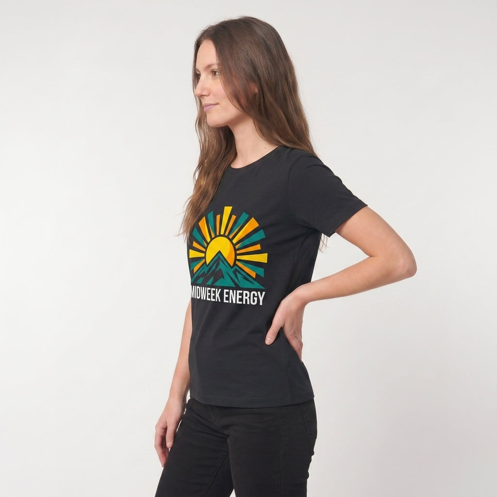Bold Rising Sun Over Stylized Mountain Black T-Shirt mockup 2