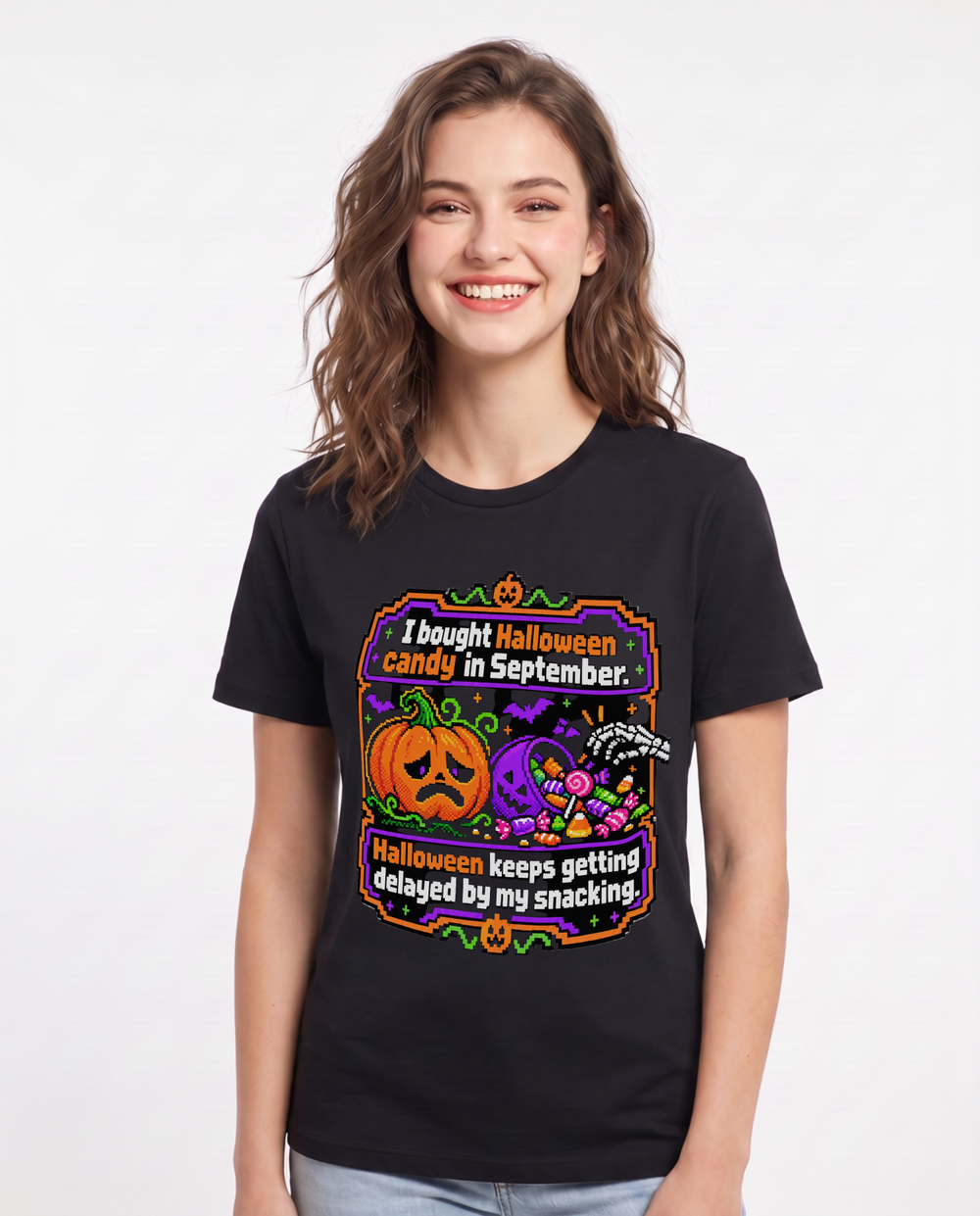 I bought Halloween candy in September. Halloween keeps getting delayed by my snacking. Women's Black T-Shirt product image 2
