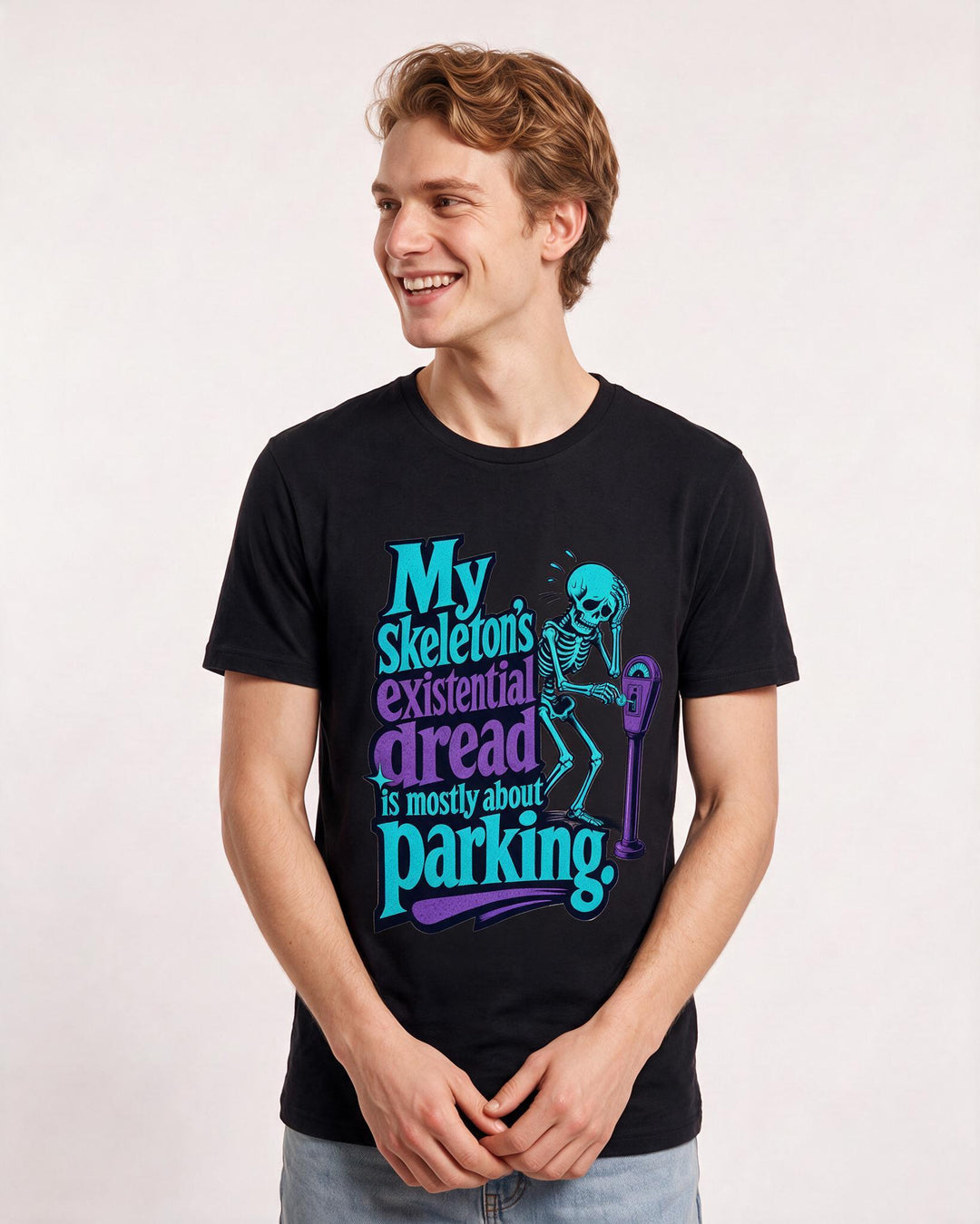 Funny Halloween Men's Black T-Shirt – My skeleton's existential dread is mostly about parking product image 3