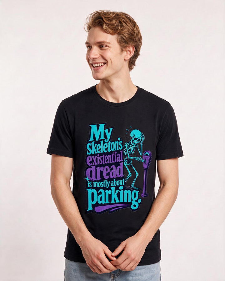 Funny Halloween Men's Black T-Shirt – My skeleton's existential dread is mostly about parking product image 3