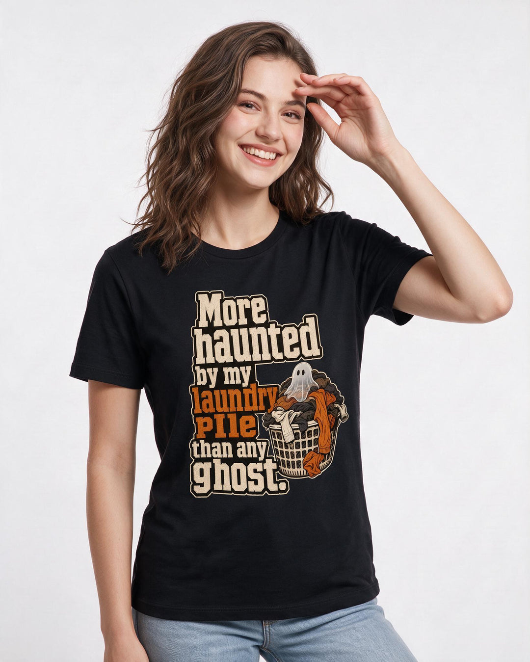 Funny Halloween Women's Black T-Shirt – More haunted by my laundry pile than any ghost. product image 3
