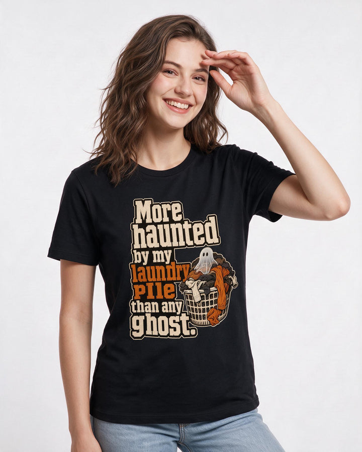 Funny Halloween Women's Black T-Shirt – More haunted by my laundry pile than any ghost. product image 3