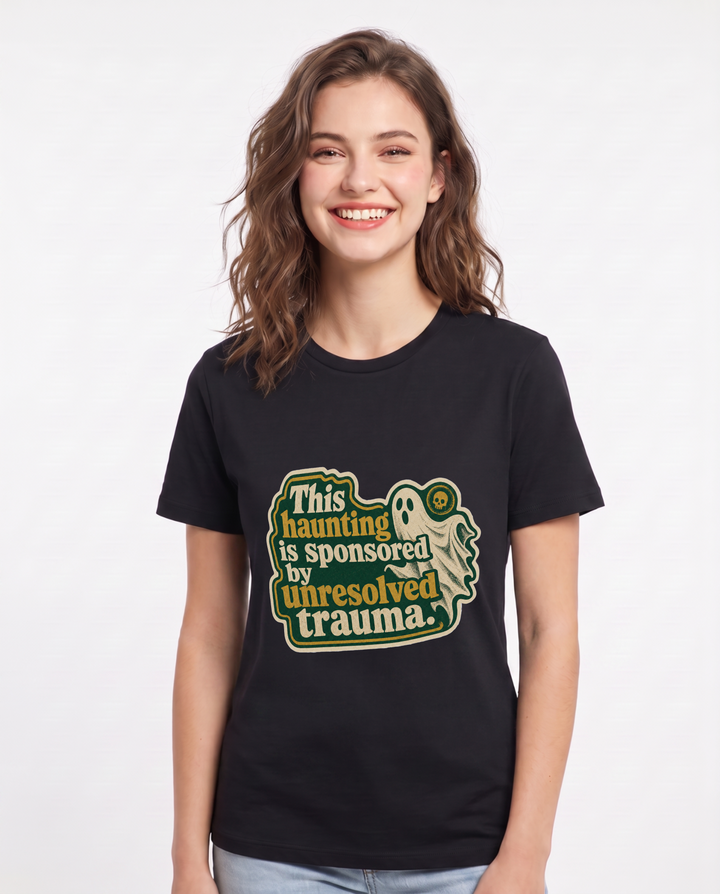 Halloween Women's Black T-Shirt - This haunting is sponsored by product image 1