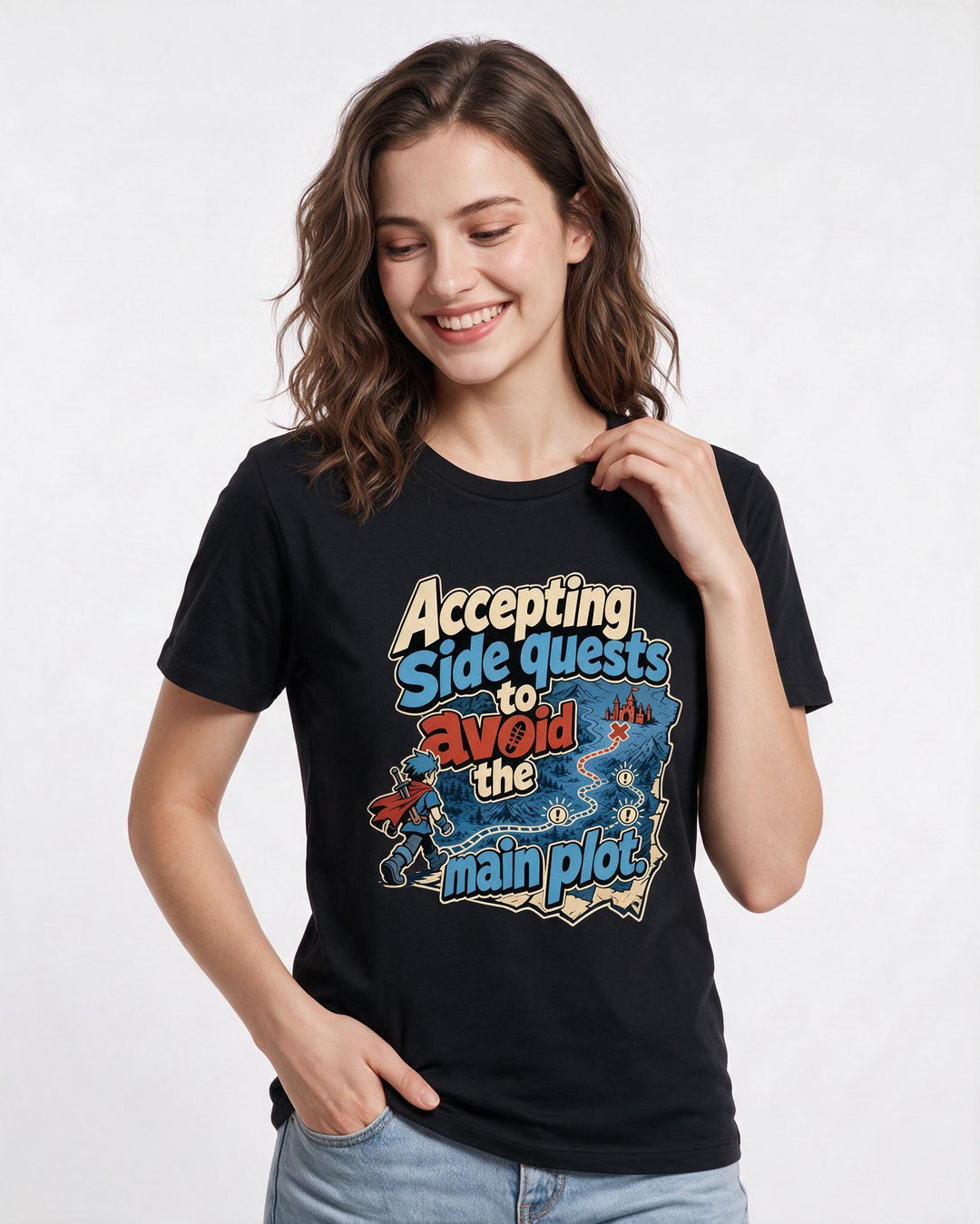 Funny Gaming Women's Black T-Shirt – Accepting side quests to avoid the main plot. product image 3