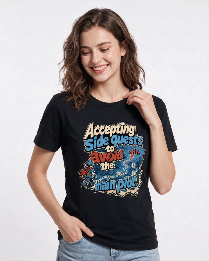 Funny Gaming Women's Black T-Shirt – Accepting side quests to avoid the main plot. product image 3