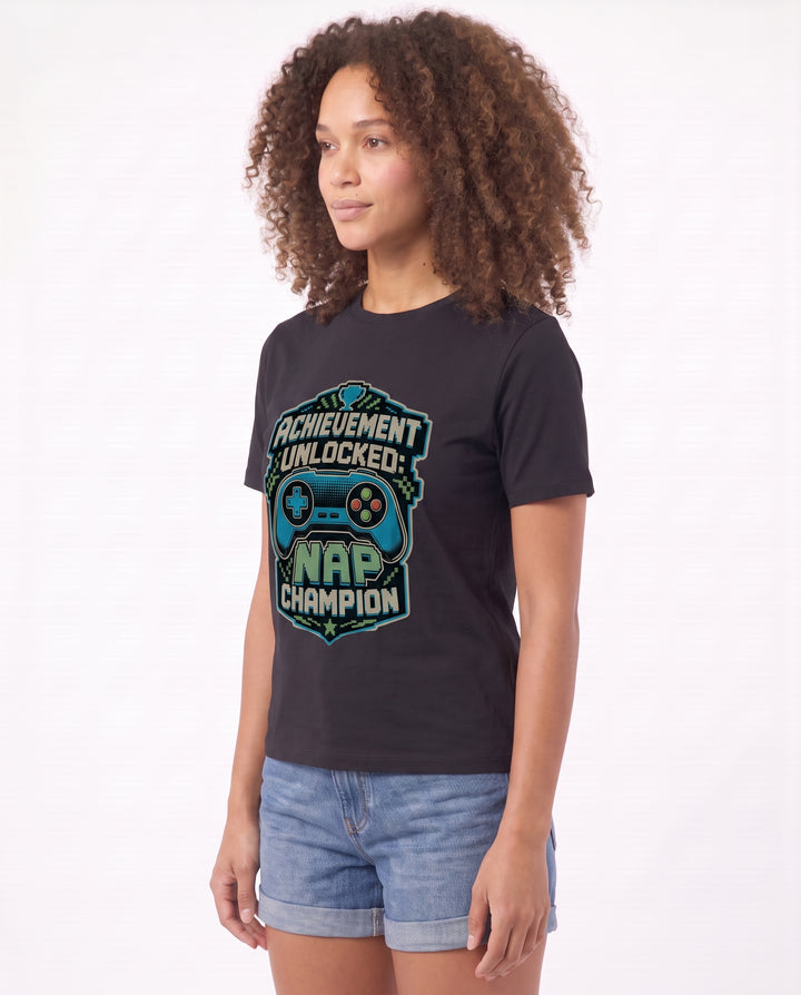 Achievement Unlocked: Nap Champion Black T-Shirt mockup 2