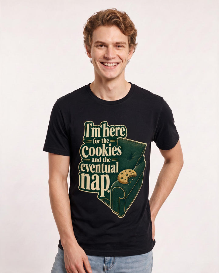 Christmas Men's Black T-Shirt – I’m here for the cookies and the eventual nap. product image 3