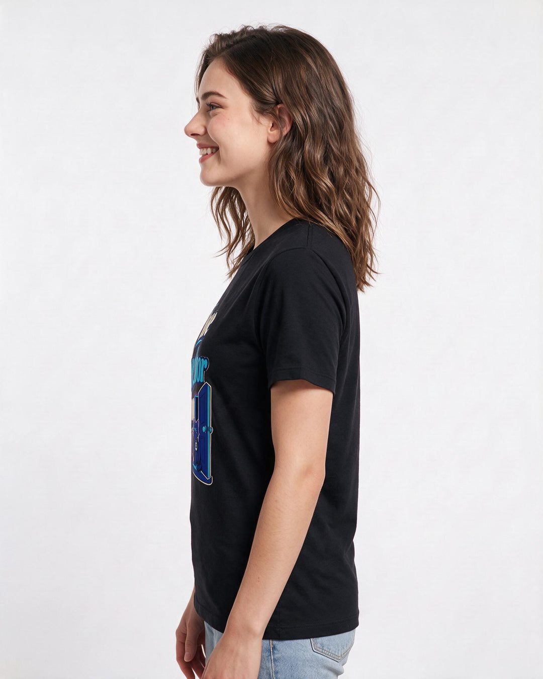 Funny Cat Lover Women's Black T-Shirt – We have an open-door bathroom policy. product image 2