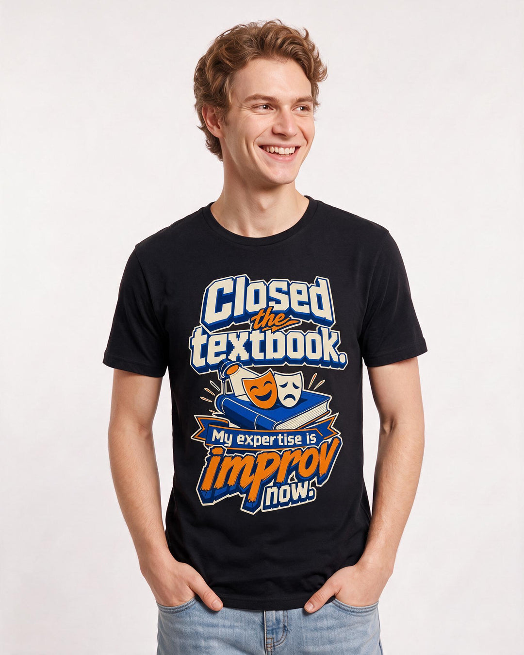 Funny Graduation Men's Black T-Shirt – Closed the textbook. My expertise is improv now. product image 3