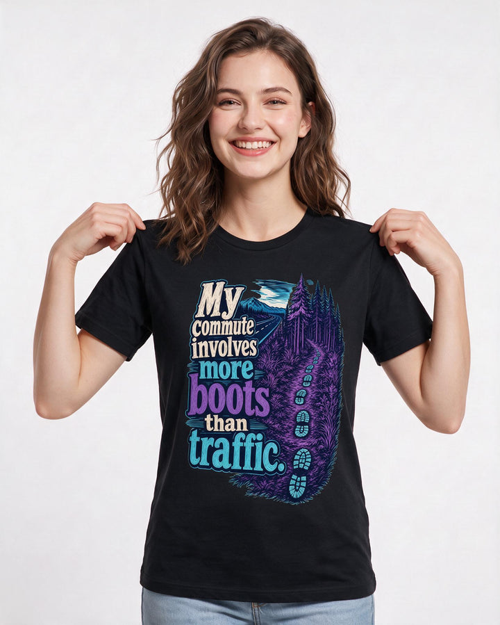 Funny Hunting Women's Black T-Shirt – My commute involves more boots than traffic. product image 3
