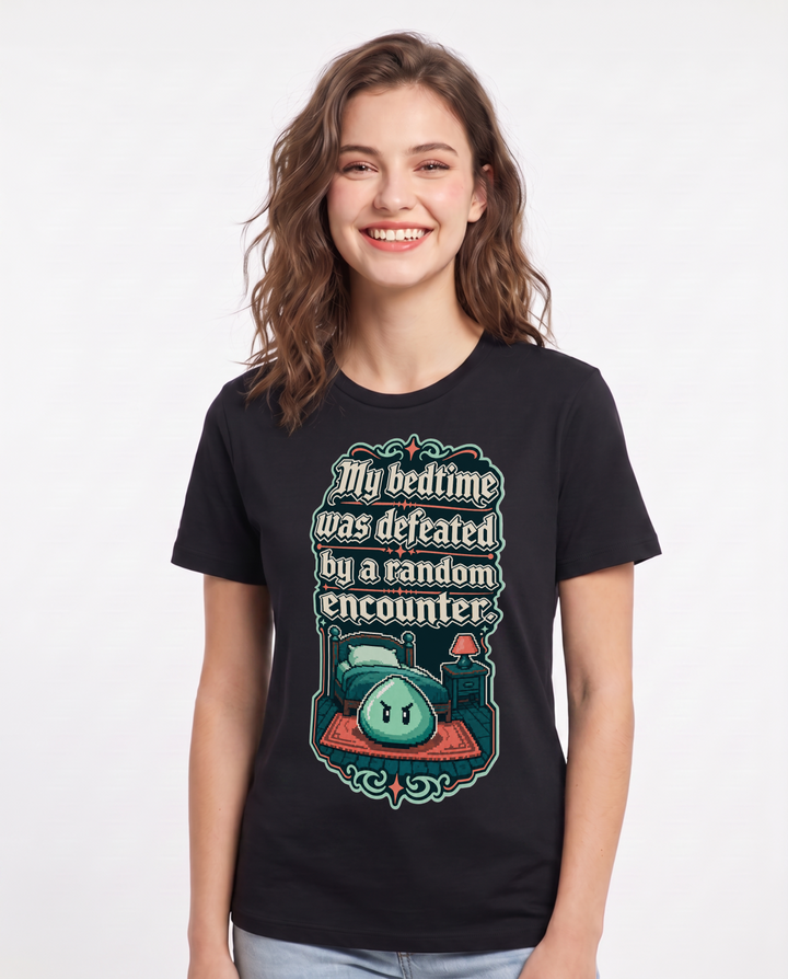 Gaming Women's Black T-Shirt – My bedtime was defeated by a random encounter. product image 1