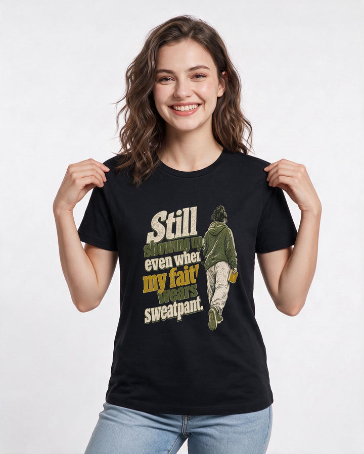 Christian Faith Women's Black T-Shirt – Still showing up, even when my faith product image 3