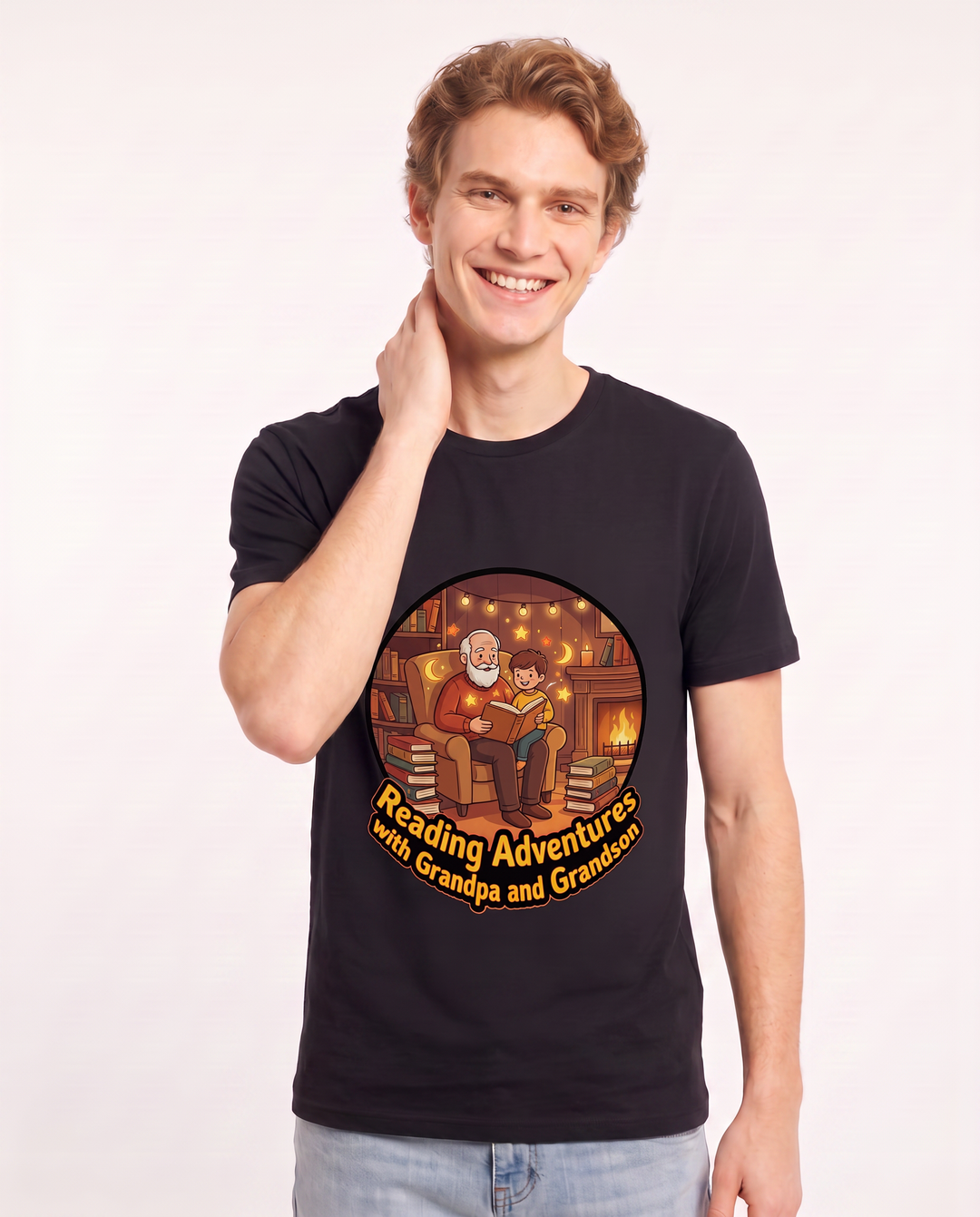 Reading Adventures with Grandpa and Grandson Men's Black T-Shirt product image 1