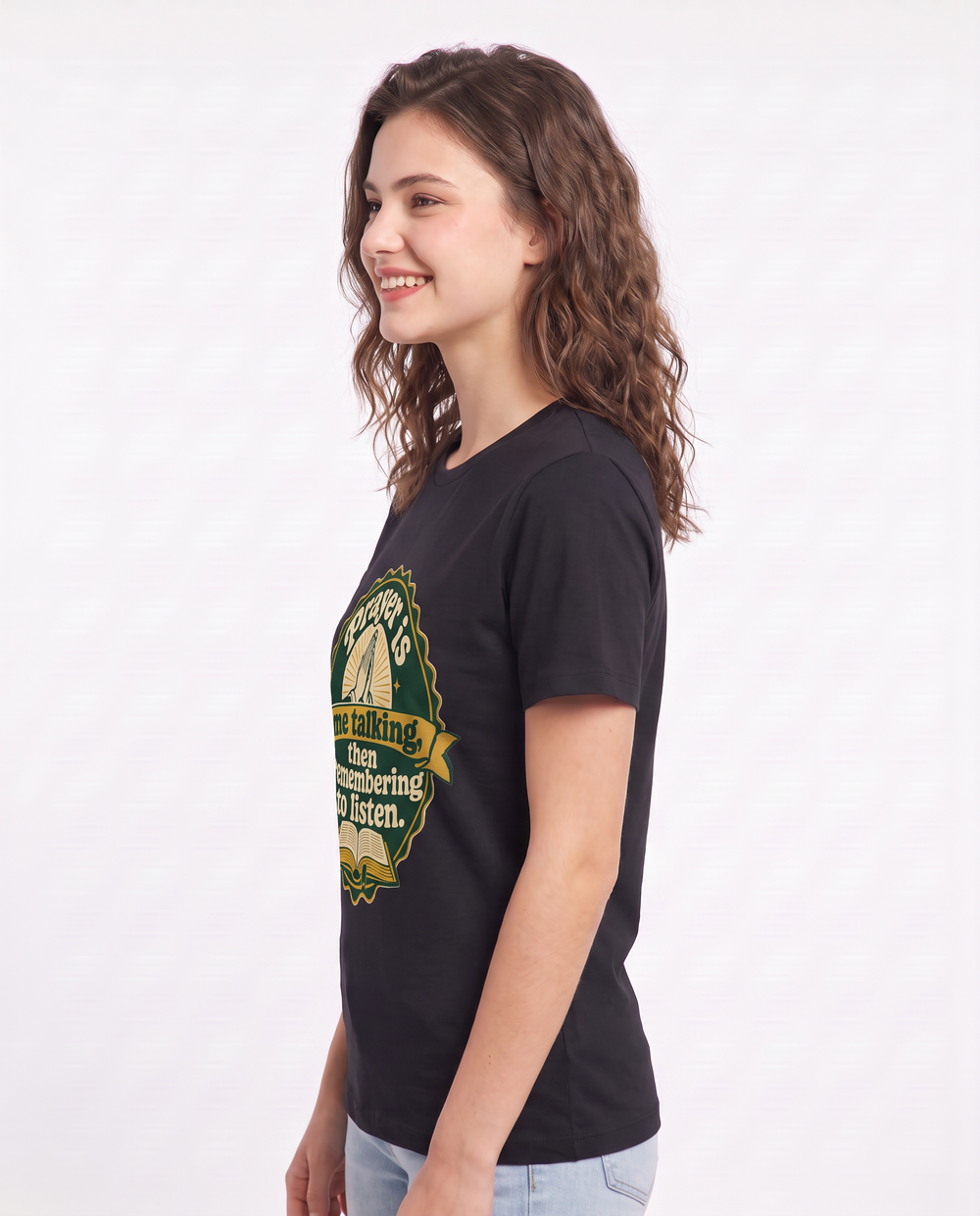 Graphic Women's Black T-Shirt - Prayer is me talking, then remembering product image 2