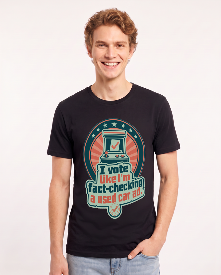 Graphic Men's Black T-Shirt - I vote like I'm fact-checking a used car product image 1