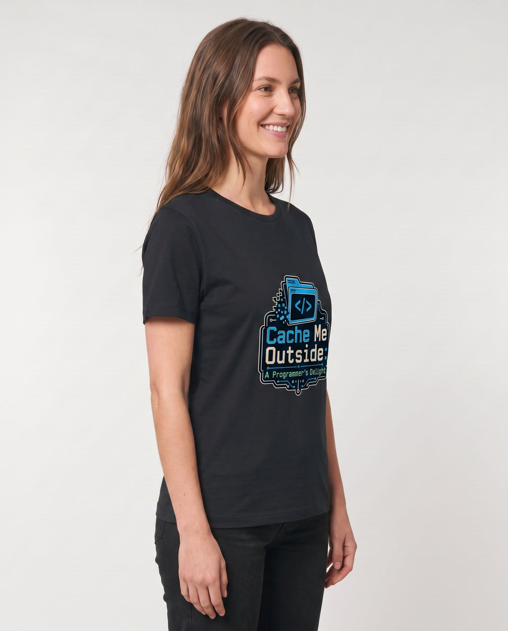 Cache Me Outside: A Programmer's Delight Black T-Shirt mockup 2
