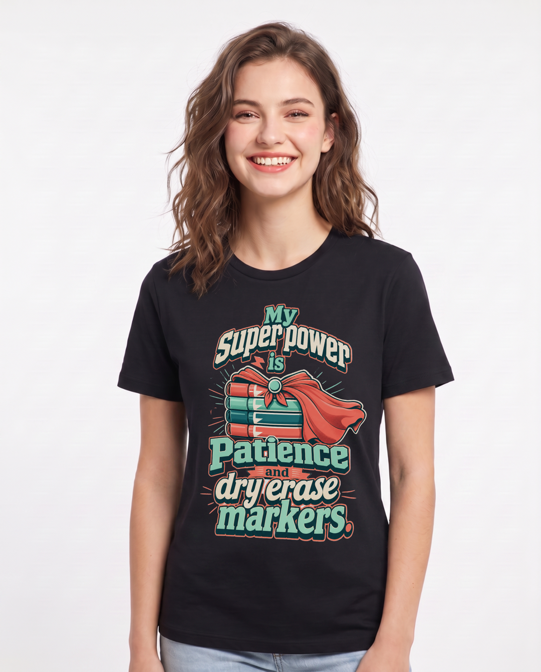 Teacher Women's Black T-Shirt – My superpower is patience and dry product image 1