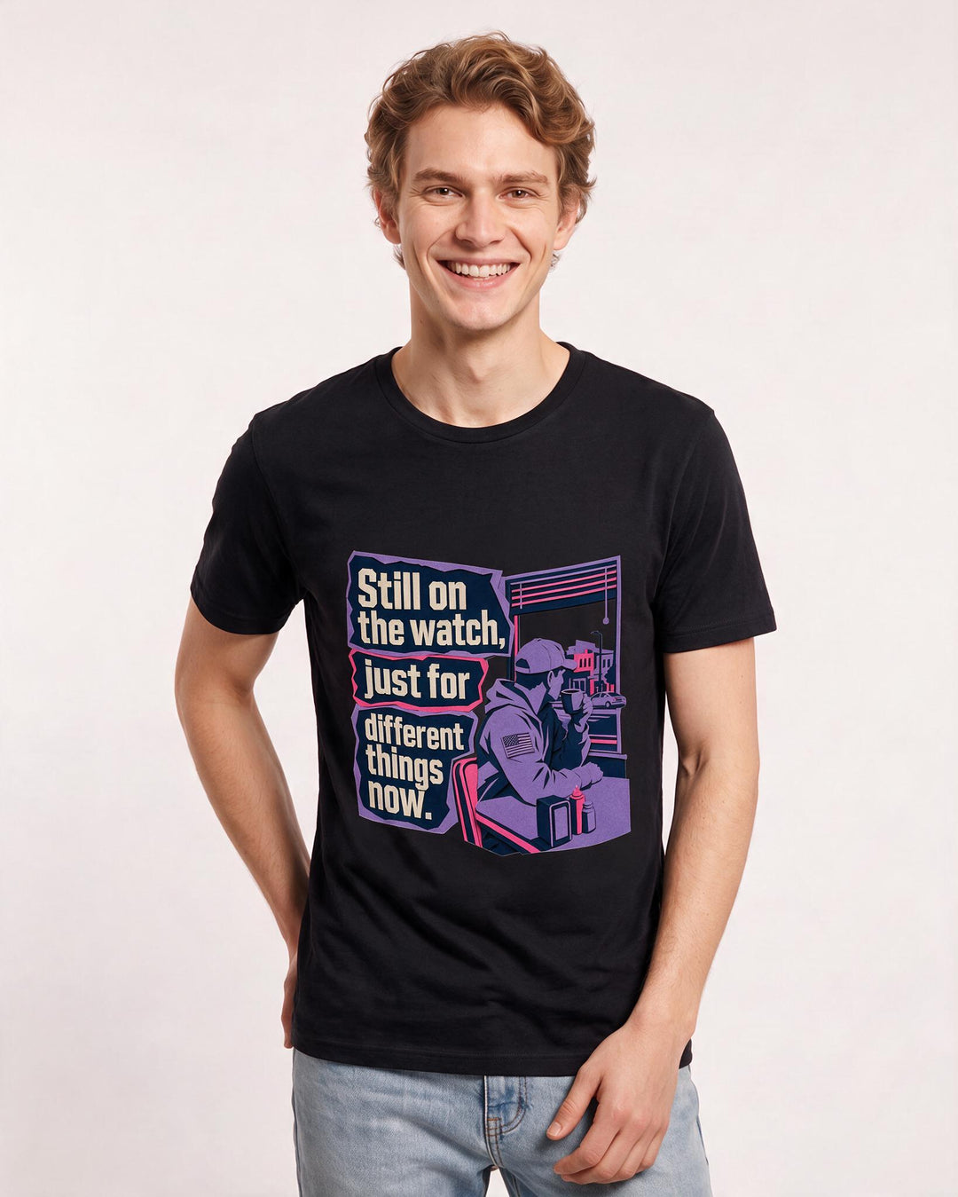 Veteran Men's Black T-Shirt – Still on the watch, just for different things now. product image 3