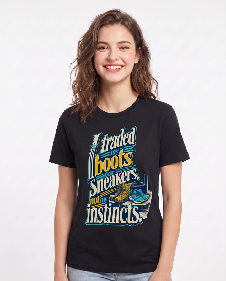 Veteran Women's Black T-Shirt – I traded my boots for sneakers, not my instincts. product image 1
