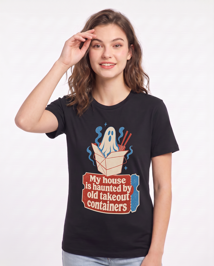 Halloween Women's Black T-Shirt - My house is haunted by old takeout product image 3