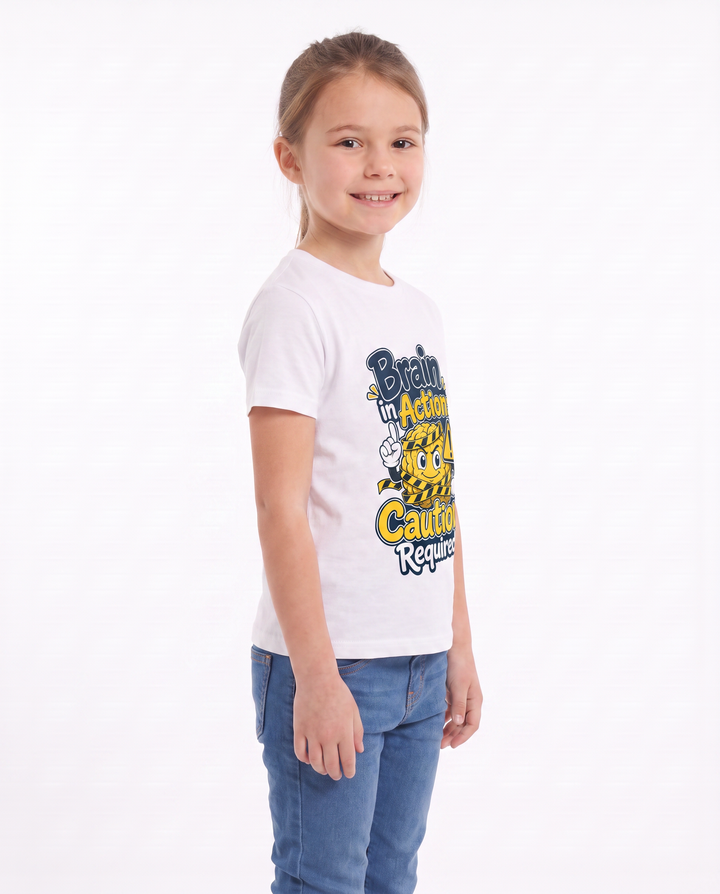 Brain In Action: Caution Required! White T-Shirt mockup 3