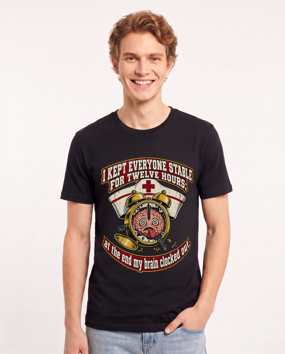 I kept everyone stable for twelve hours; at the end my brain clocked out. Men's Black T-Shirt product image 2