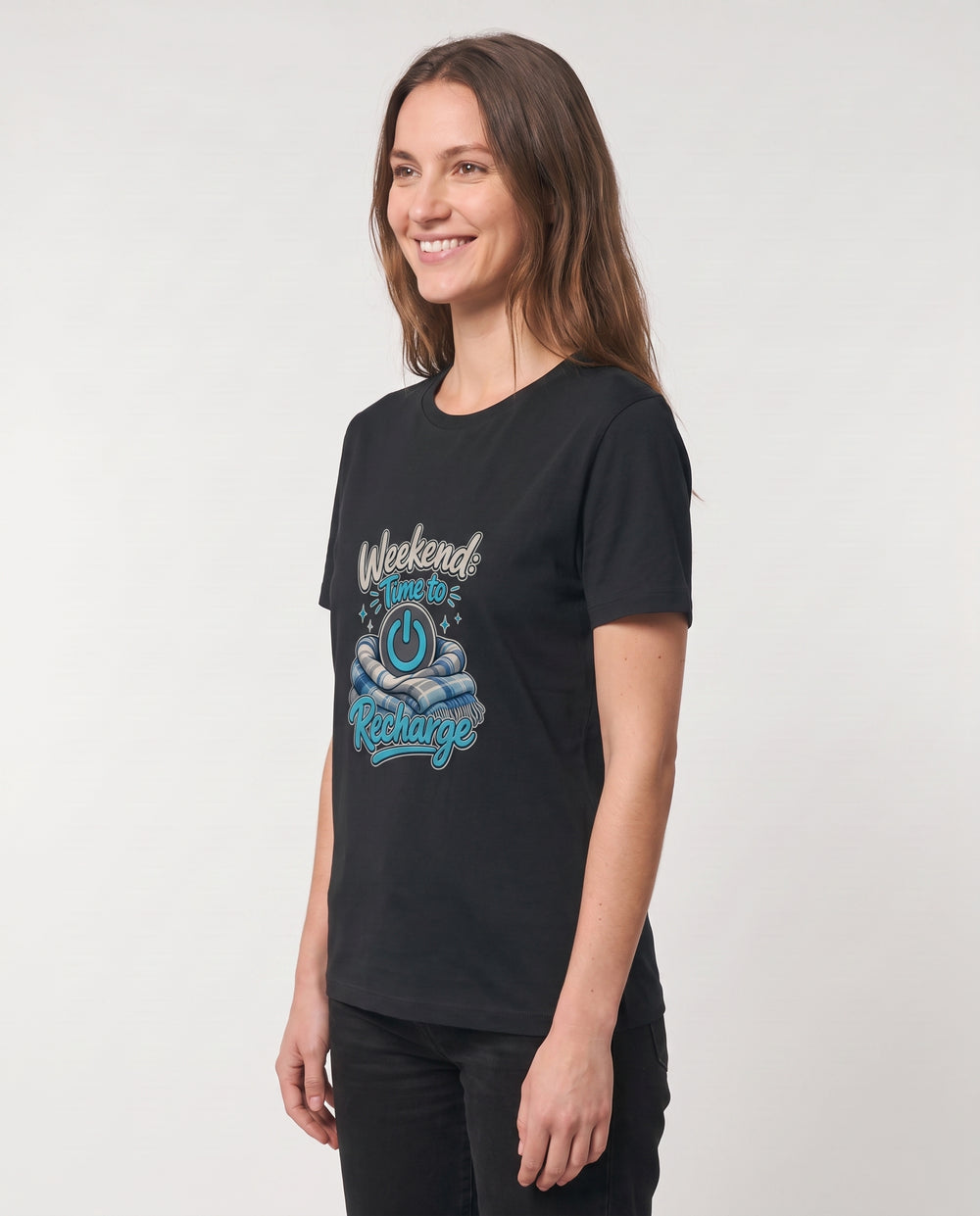 Weekend: Time To Recharge Black T-Shirt mockup 2