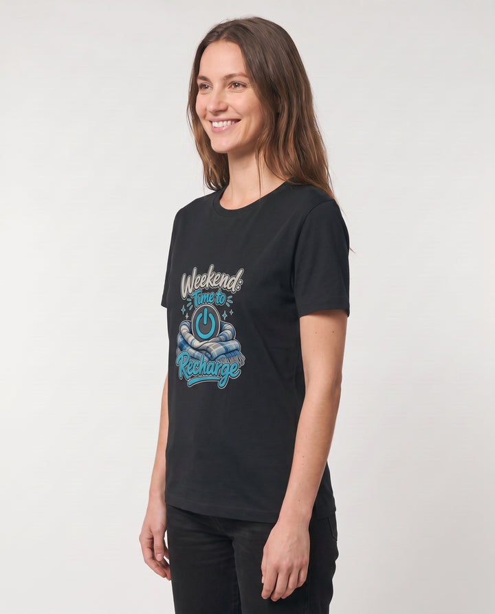Weekend: Time To Recharge Black T-Shirt mockup 2