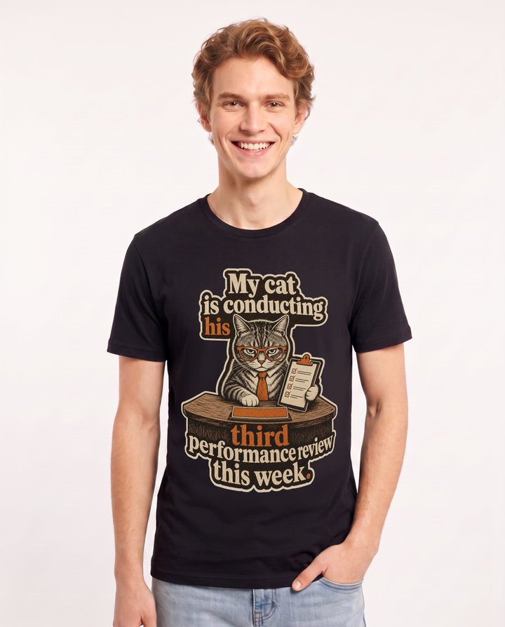 Funny Cat Lover Men's Black T-Shirt – My cat is conducting his third performance review this week. product image 1