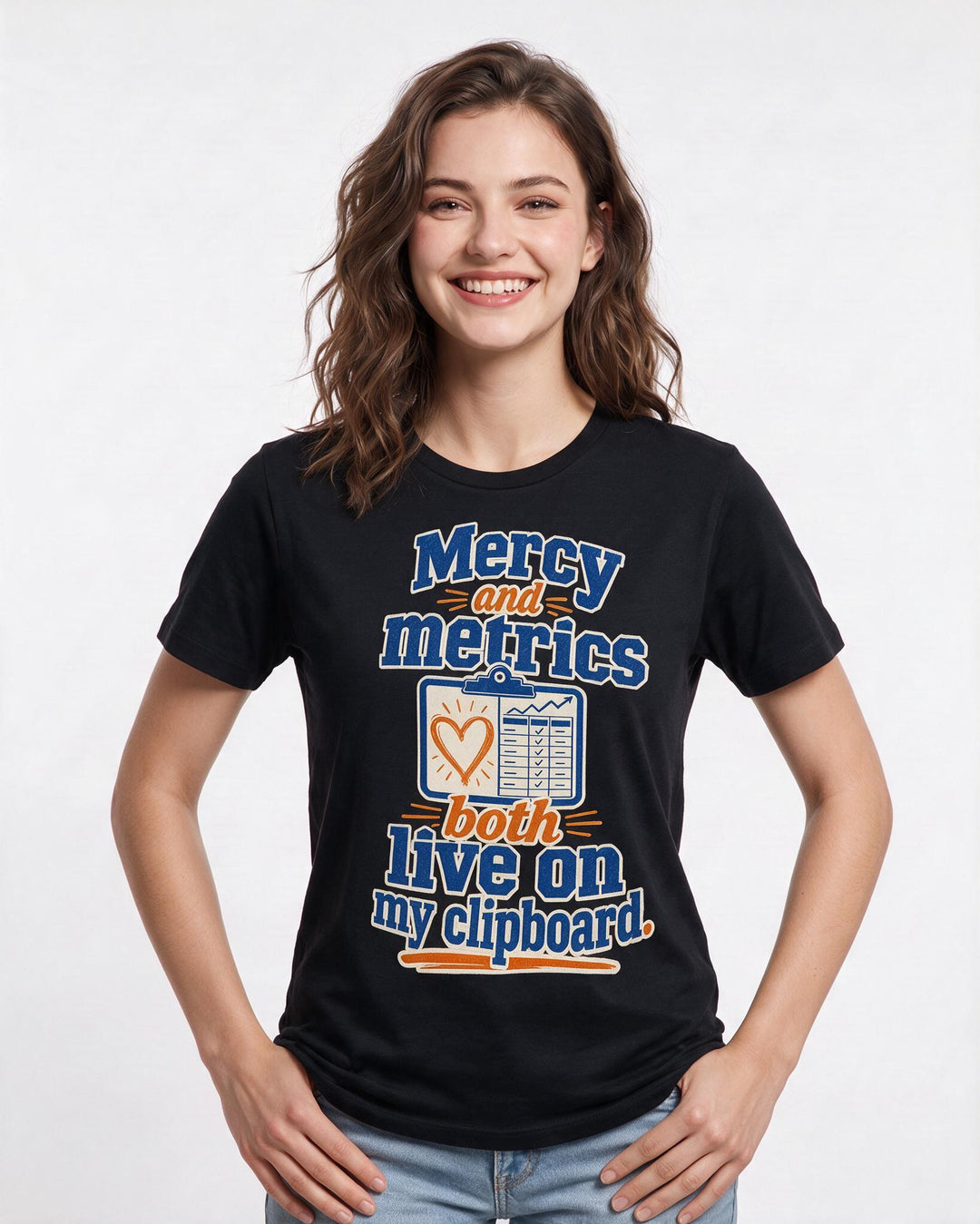 Nurse Women's Black T-Shirt – Mercy and metrics both live on my clipboard. product image 3