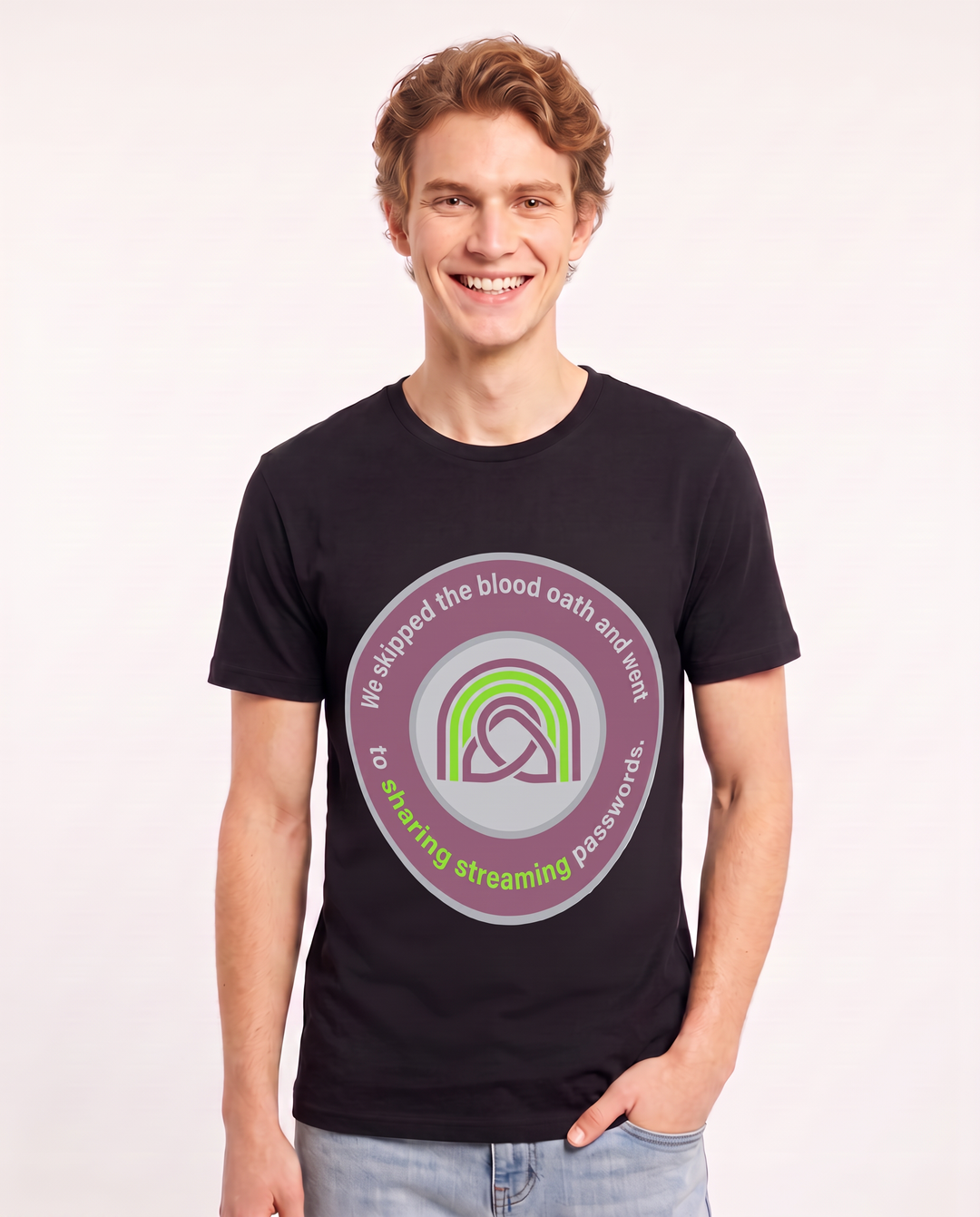 We skipped the blood oath and went straight to sharing streaming passwords. Men's Black T-Shirt product image 1
