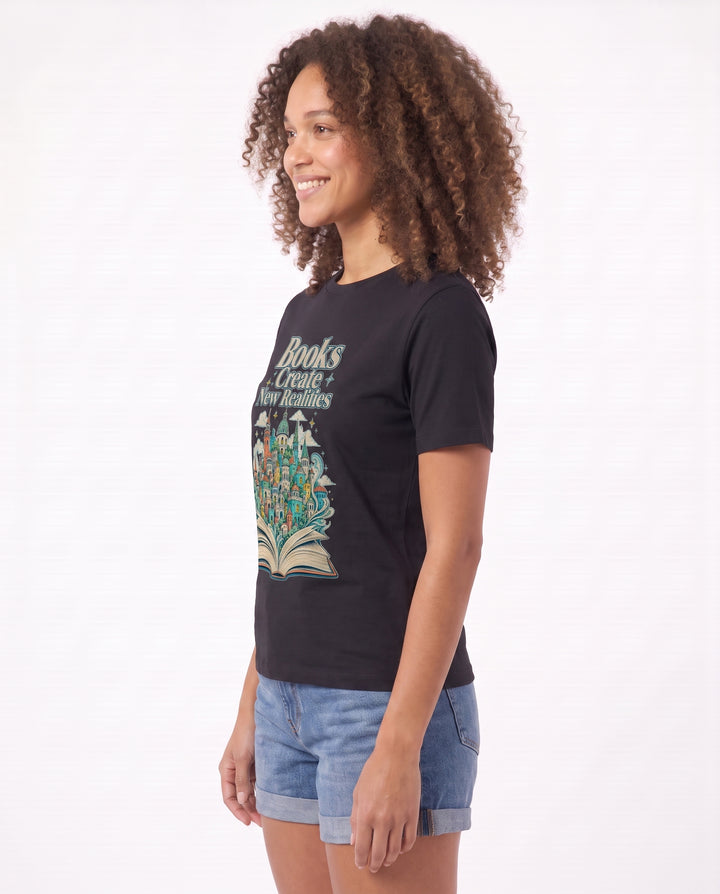 Books Create New Realities Black T-Shirt mockup 2