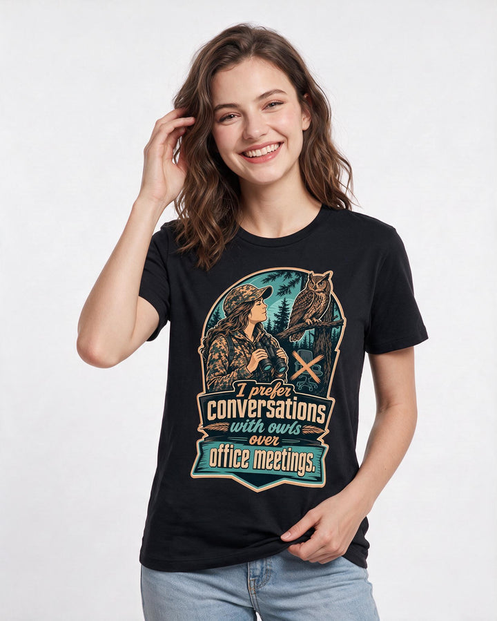 Funny Hunting Women's Black T-Shirt – I prefer conversations with owls over product image 3