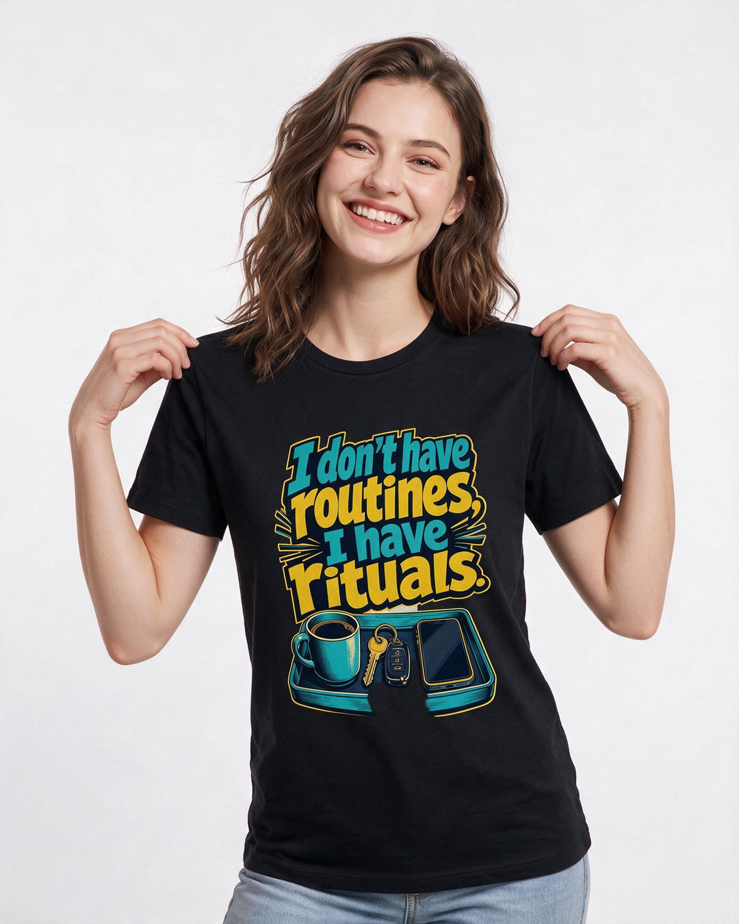 Neurodiversity Women's Black T-Shirt – I don't have routines, I have rituals. product image 3