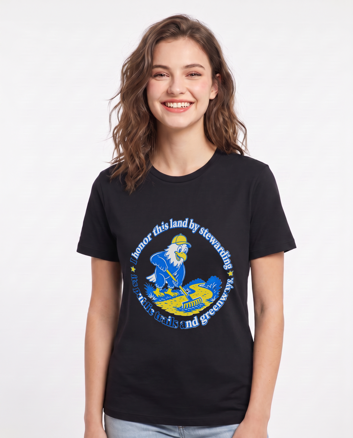 I honor this land by stewarding its public trails and greenways. Women's Black T-Shirt product image 2