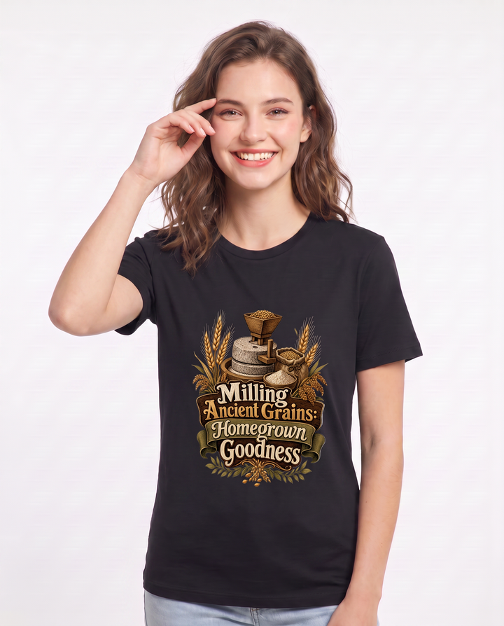 Milling Ancient Grains: Homegrown Goodness Women's Black T-Shirt product image 1