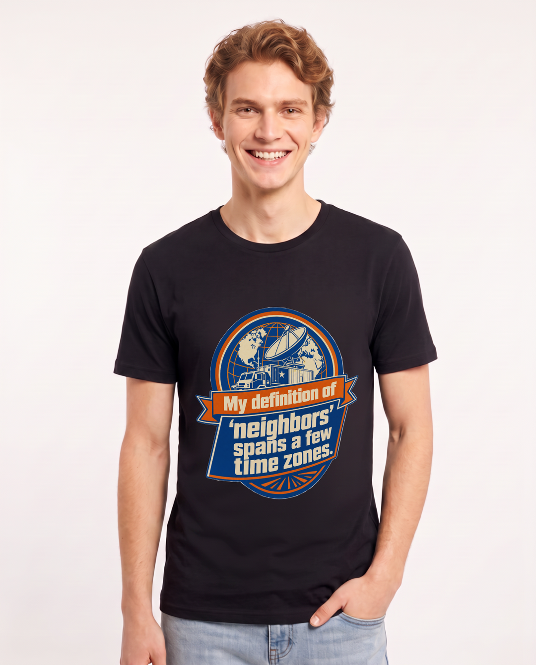 Graphic Men's Black T-Shirt - My definition of 'neighbors' spans a few product image 1